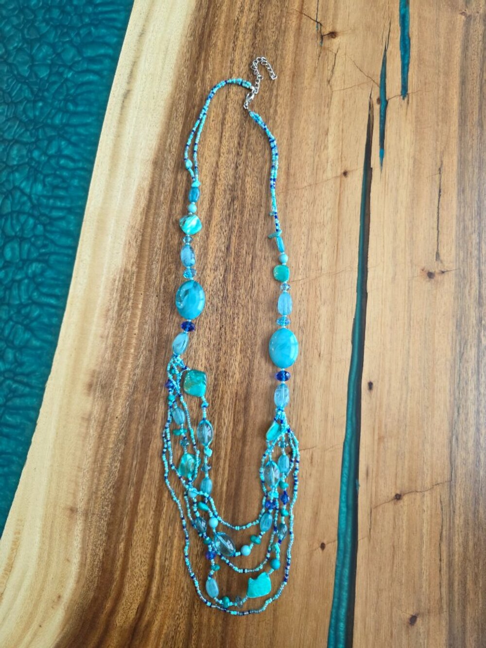 Boho Multi-Strand Blue Beaded Statement Necklace – Teal & Turquoise Layered - Picture 2 of 8